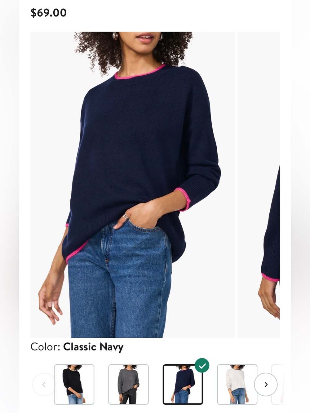 Vince Camuto Navy Crewneck Sweater with Pink Trim